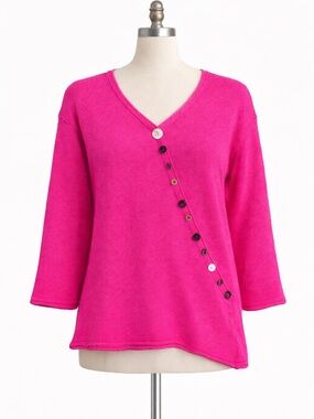 Lulu B Pink Sweater Medium Asym Button V Neck Knit Top Boho